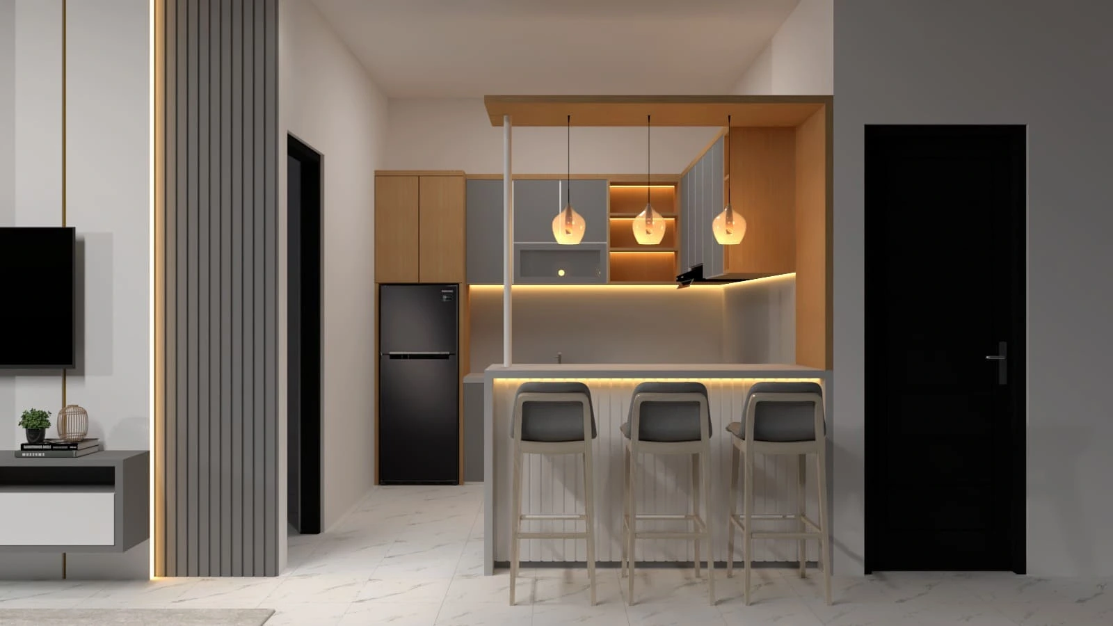 Interior Ruang Keluarga & Backdrop TV HPL - AFARCHITECT.ID